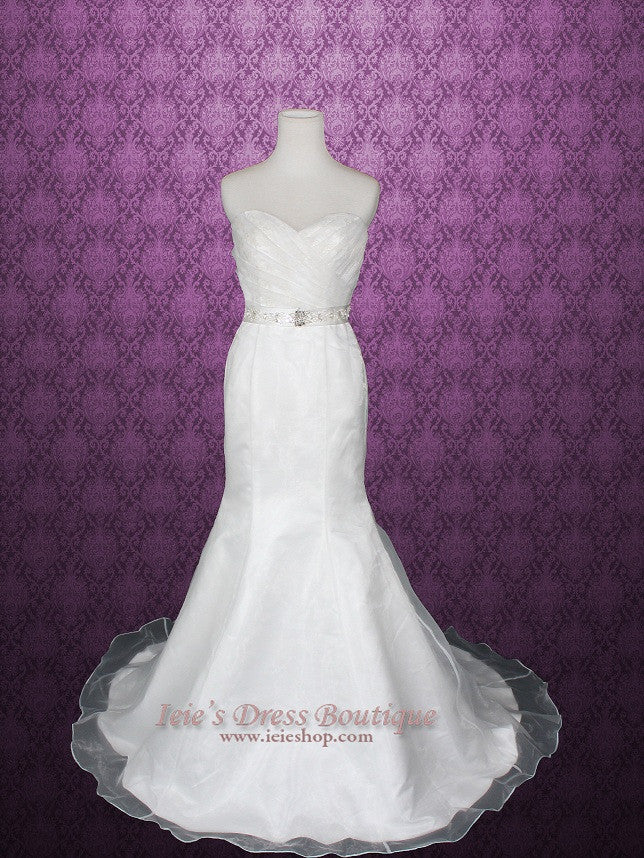 Strapless Sweetheart Organza Fit and Flare Wedding Dress with Jewled Sash | Cindie Strapless Sweetheart Organza Fit and Flare Wedding Dress with Jewled Sash | Cindie