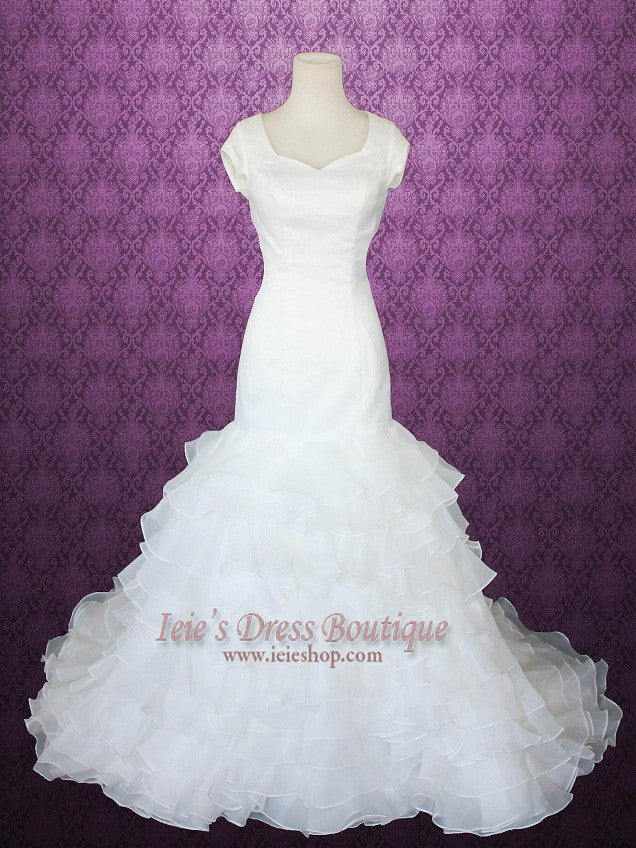 Modest Cap Sleeves Ruffles Fit and Flare Wedding Dress AMIE ieie Modest Cap Sleeves Ruffles Fit and Flare Wedding Dress AMIE ieie
