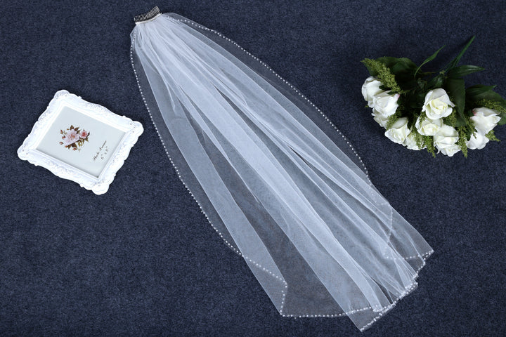 One Layer Fingertip Short Wedding Veil with Pearls and Crystals VG1074