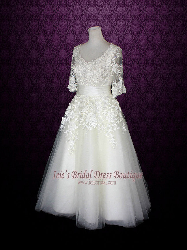 Long Sleeves Wedding Dress Short Retro Tea Length Wedding Dress | Marina