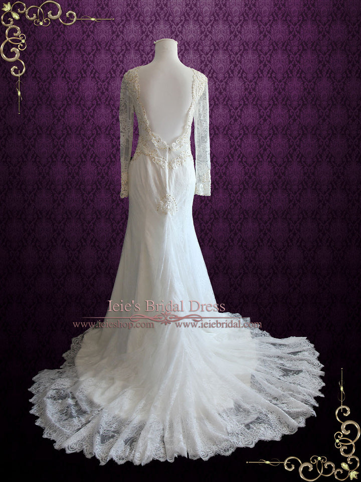 Open Back Lace Wedding Dress with Plunging Neckline ELIZABETH