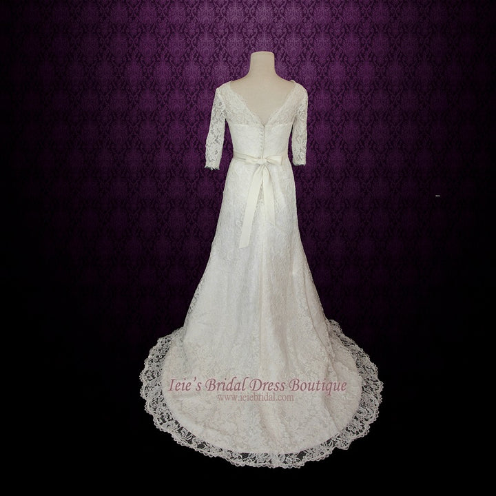 Size 4 Vintage Modest Lace Wedding Dress with Long Sleeves REBECCA