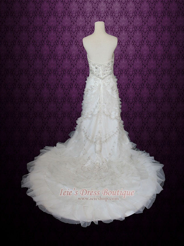 Strapless Embroidered Crystal Slim A-line Wedding Dress with Rufffles | Mezz
