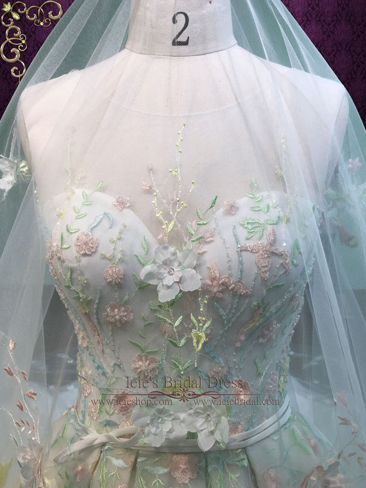Pastel Colored Embroidered Lace Wedding Dress with Royal Train FLORENCE
