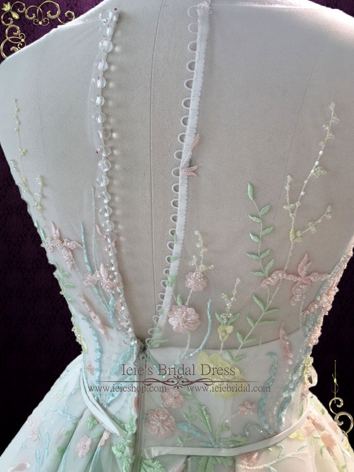 Pastel Colored Embroidered Lace Wedding Dress with Royal Train FLORENCE