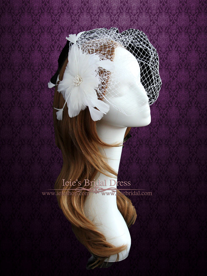 Ivory Bird Cage Veil with Feather Flower VG1032