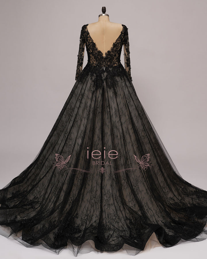 Black Gothic Lace Wedding Dress with Sleeves BRIENNE