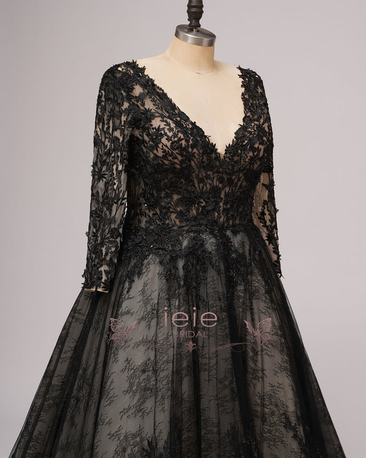 Black Gothic Lace Wedding Dress with Sleeves BRIENNE