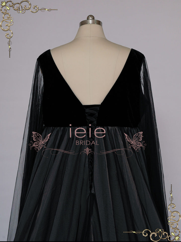Gothic Black Wedding Dress with Long Tulle Sleeves SAMARA