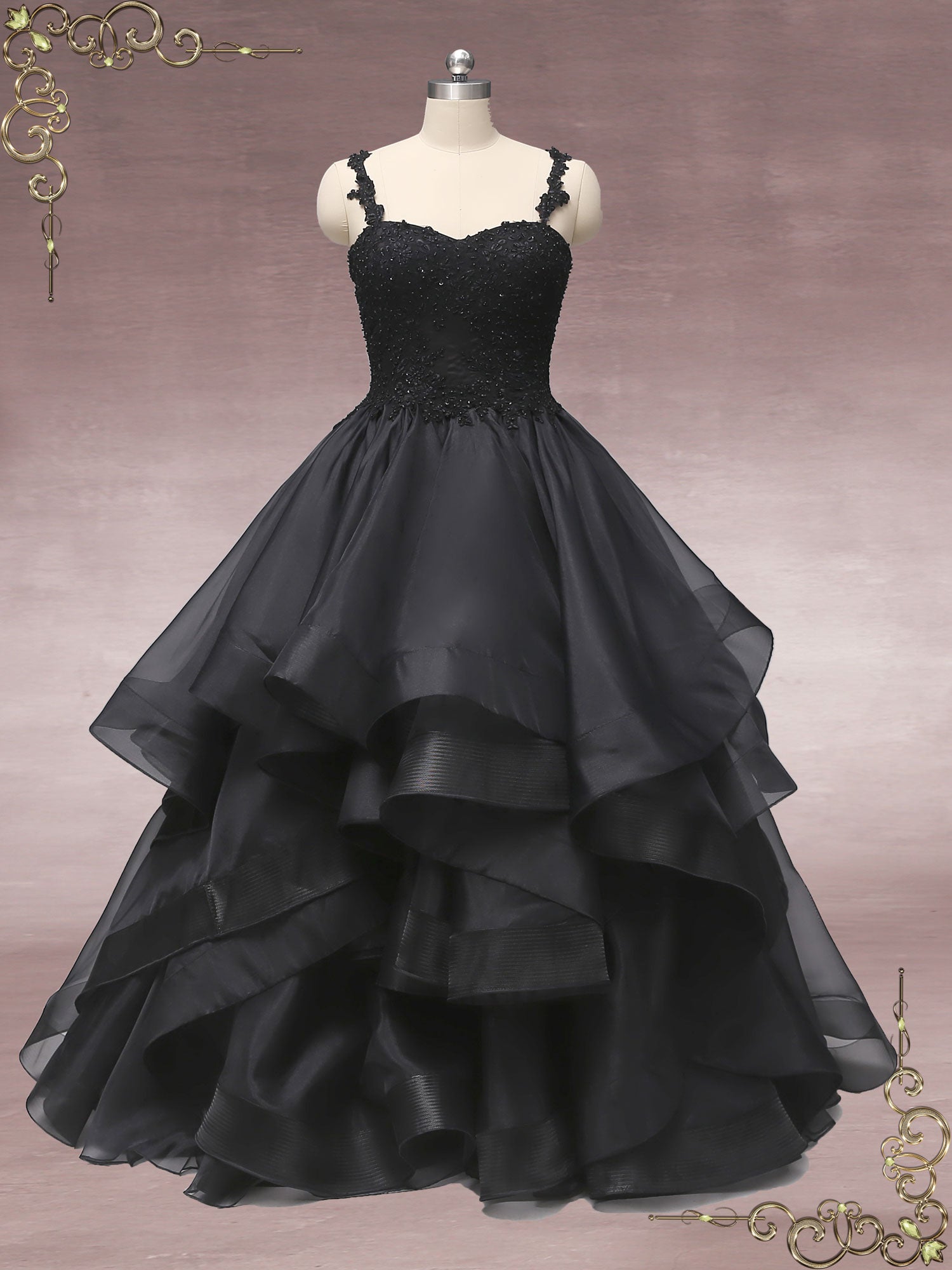 Black Lace Wedding Dress with Ruffle Skirt CAITLIN ieie Black Lace Wedding Dress with Ruffle Skirt CAITLIN ieie