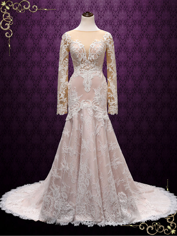 Boho Blush Colored Wedding Dress with Long Sleeves FEIA