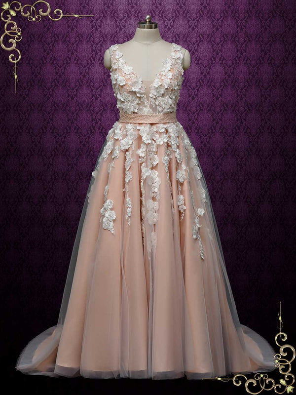 Boho Blush Wedding Dress with 3D Lace CASSIA