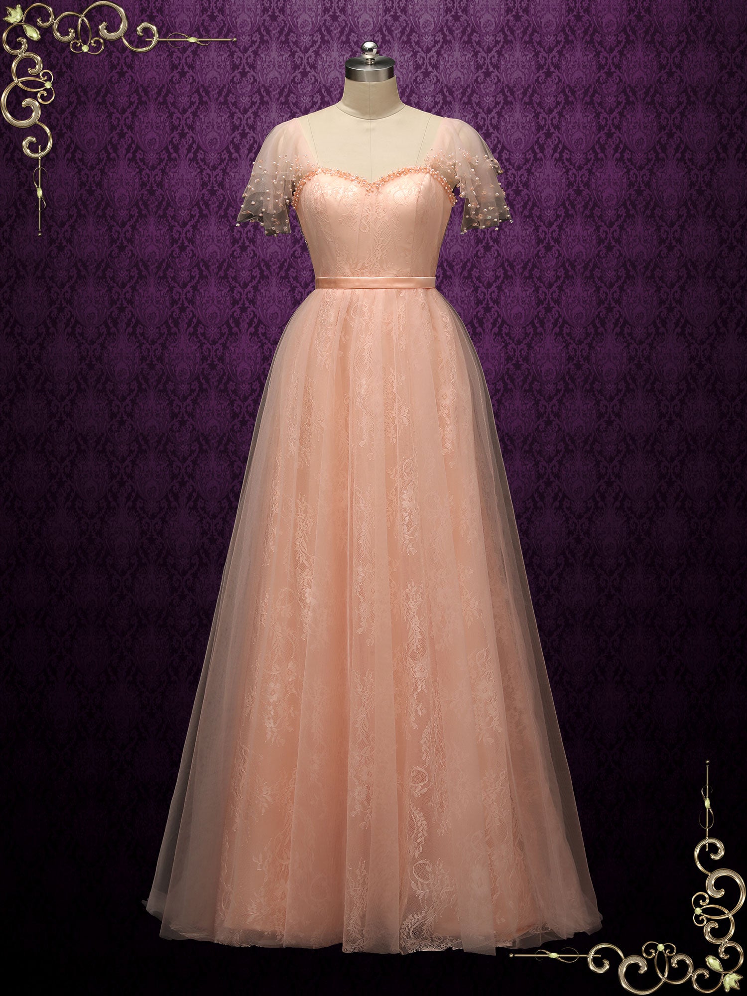 lace peach wedding dress Lace Plunging Neckline Peach Wedding Dress with Overskirt