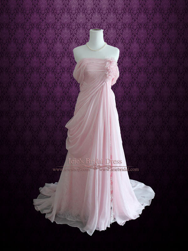 Blush Pink Ethereal Grecian Goddess Off Shoulder Beach Prom Dress