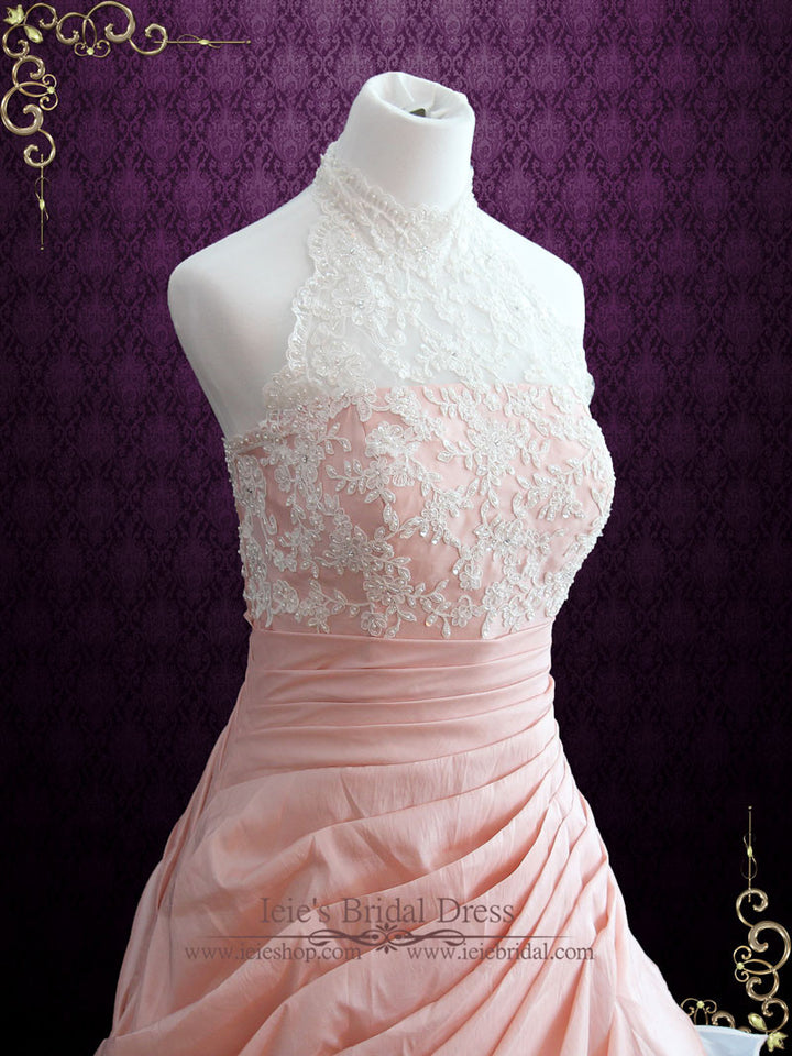 Halter Blush Pink Ball Gown Wedding Dress with Organza Ruffles | Alina