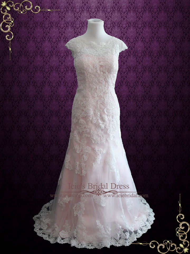 Modest Vintage Lace Pink Wedding Dress with Cap Sleeves JULY