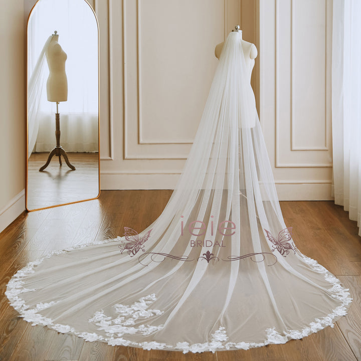 Cathedral Long Wedding Veil with Lace at Train VG3033