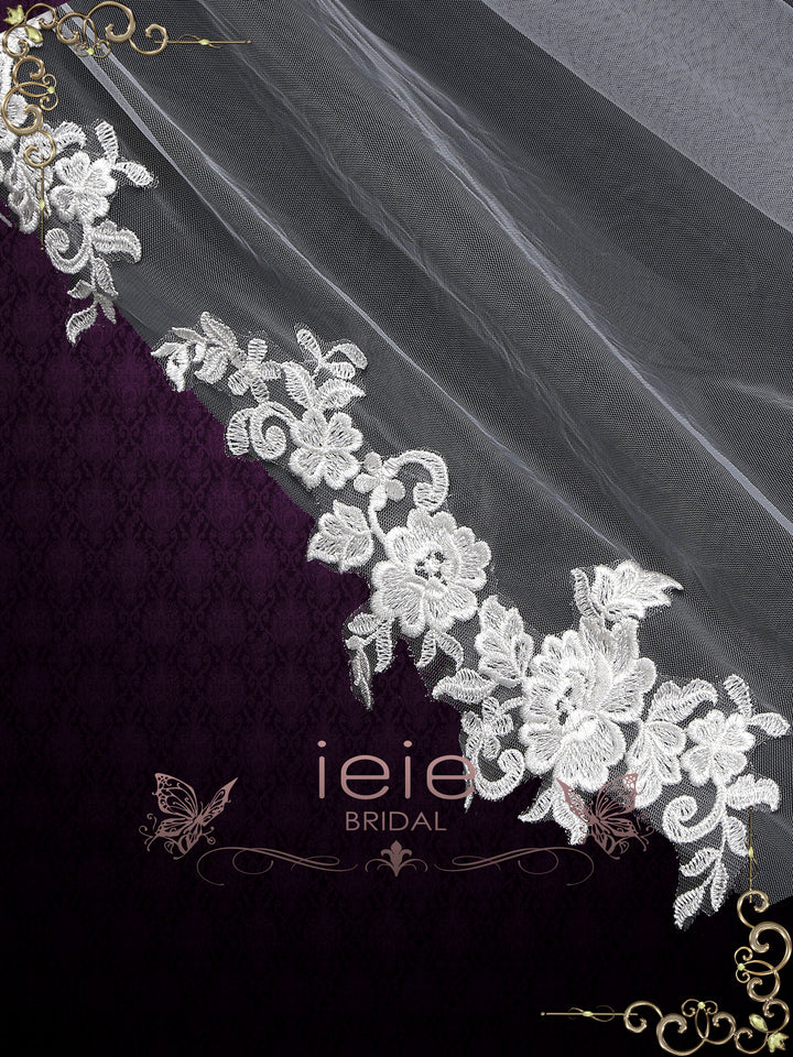 Long Lace Wedding Veil with Floral Applique at Bottom VG2022