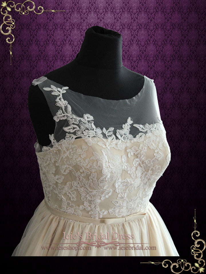 Plus Size Ball Gown Lace Wedding Dress with Illusion Neckline | Kara