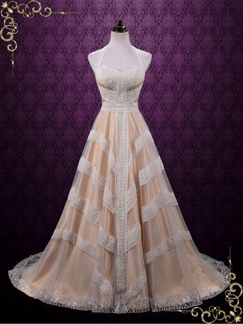 Boho Halter Lace A-line Wedding Dress JUDY Size 12 / Other