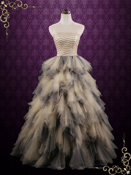 Unique Black Ruffle Ball Gown Wedding Dress | Evie ieie Unique Black Ruffle Ball Gown Wedding Dress | Evie ieie