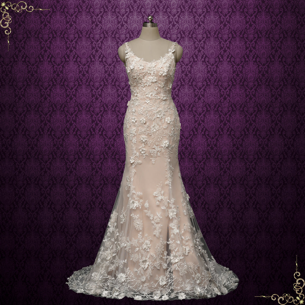Sexy Champagne Lace Fitted Wedding Dress with 3D Flowers