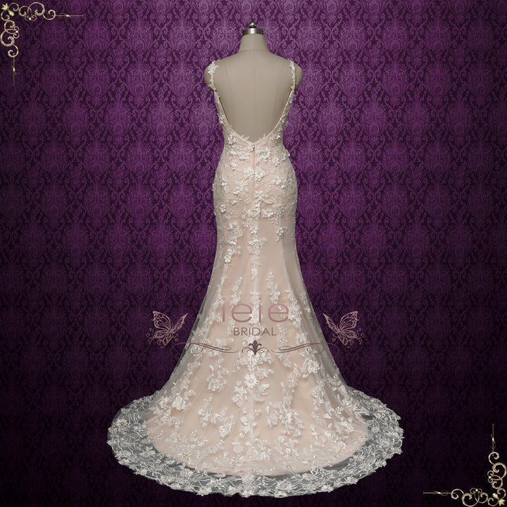 Sexy Champagne Lace Fitted Wedding Dress with 3D Flowers | ALEGRIA