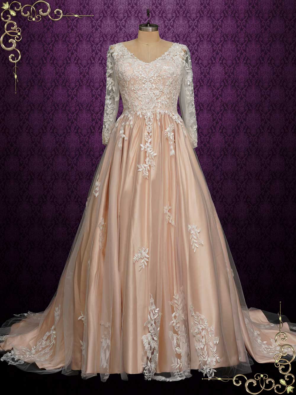 Champagne Long Sleeves Lace Wedding Dress RYLEE Size 8 / Ivory Champagne Long Sleeves Lace Wedding Dress RYLEE Size 8 / Ivory