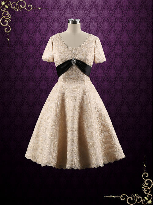 Retro Vintage Style Modest Tea Length Wedding Dress with Short Sleeves Jackie Size 26 / Champagne Retro Vintage Style Modest Tea Length Wedding Dress with Short Sleeves Jackie Size 26 / Champagne