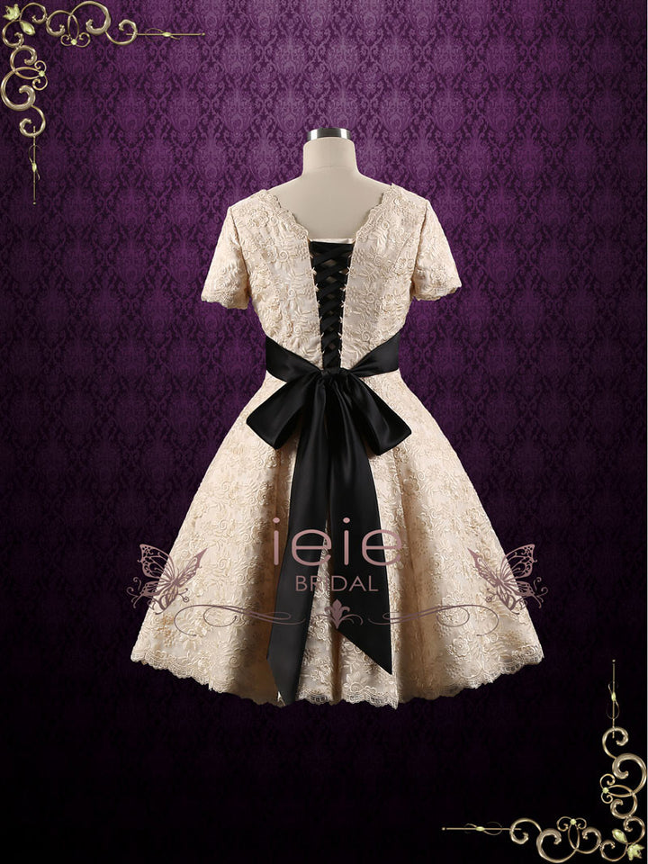 Retro Vintage Style Modest Tea Length Wedding Dress with short sleeves JACKIE