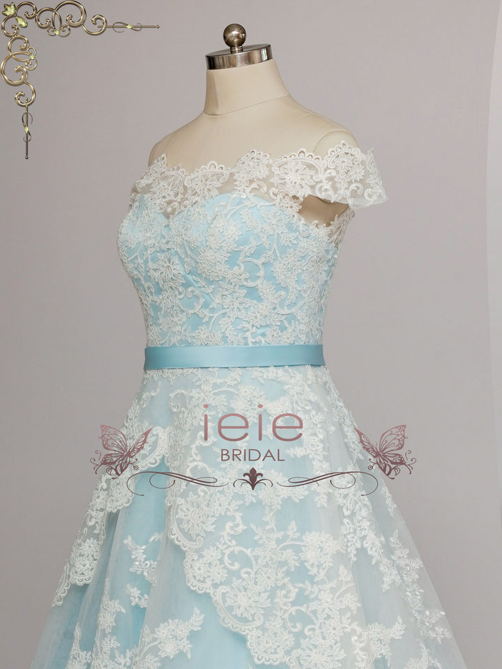 Blue Lace Wedding Dress with Tiered Lace Skirt MADELYN
