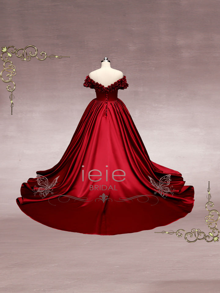Dark Red Off the Shoulder Ball Gown Wedding Dress with Roses MURINA