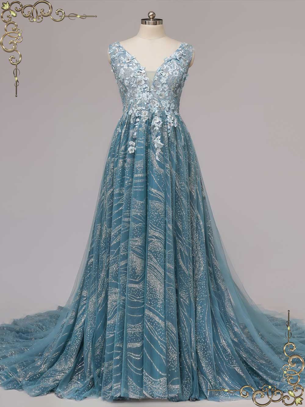Dusty Blue Sparkly Wedding Dress with V Neck CICELY – ieie