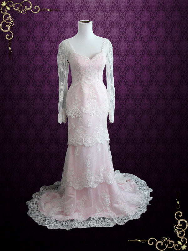 wedding dress tiered lace Pearl Pink Tiered Lace Wedding Dress with Long Sleeves MONACO Size 8 / Pink