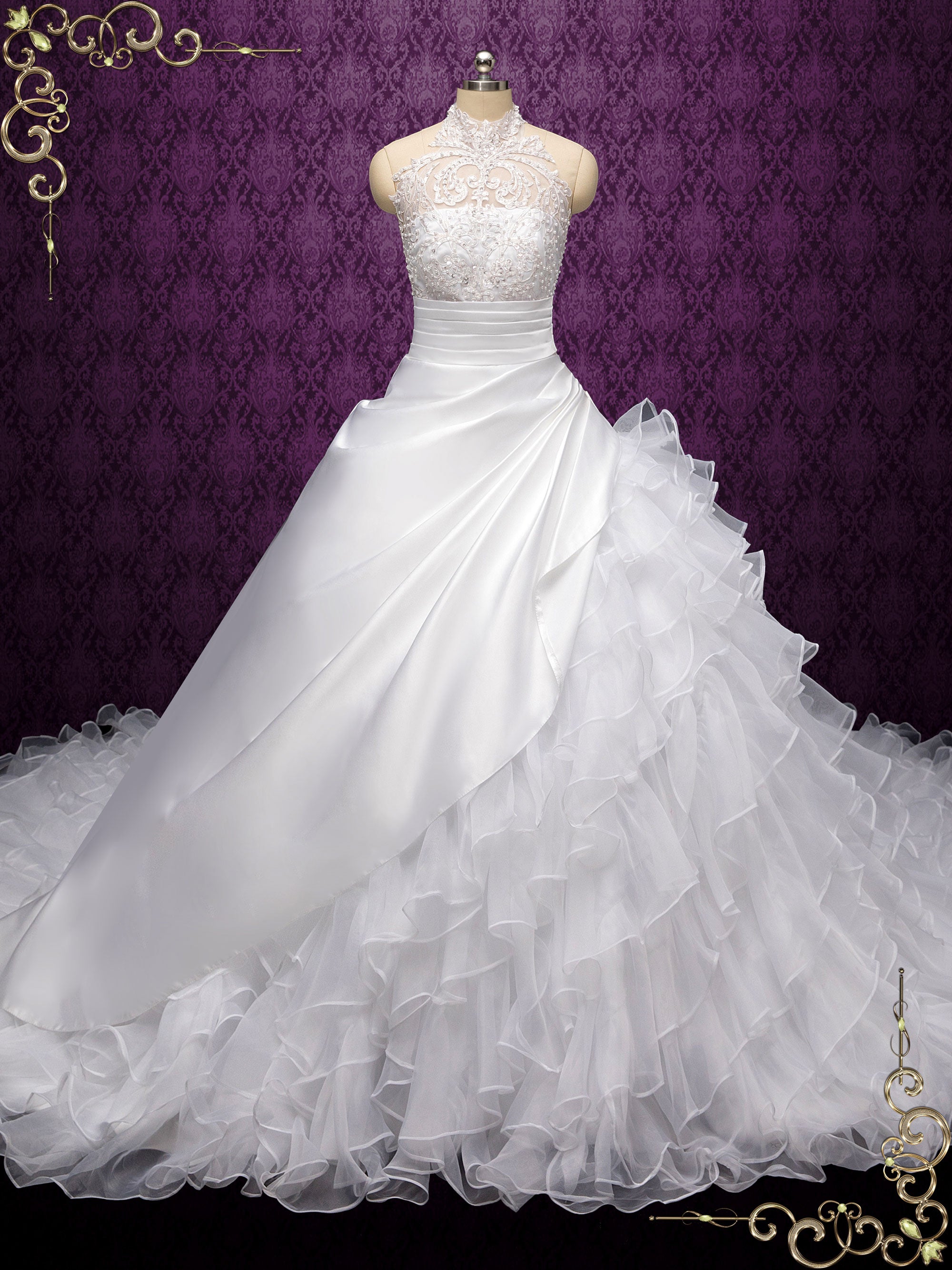 Halter Lace Asymmetrical Ball Gown Wedding Dress VALTINA Size 10 / Ivory Halter Lace Asymmetrical Ball Gown Wedding Dress VALTINA Size 10 / Ivory