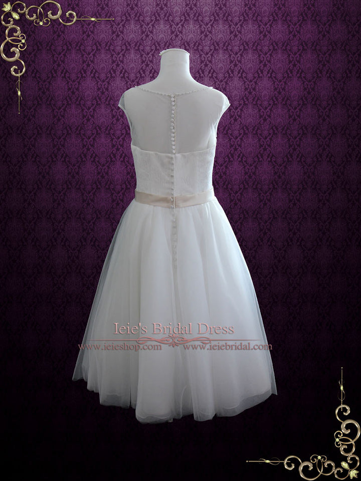 Vintage Inspired Tea Length Illusion Neck Tull Wedding Dress