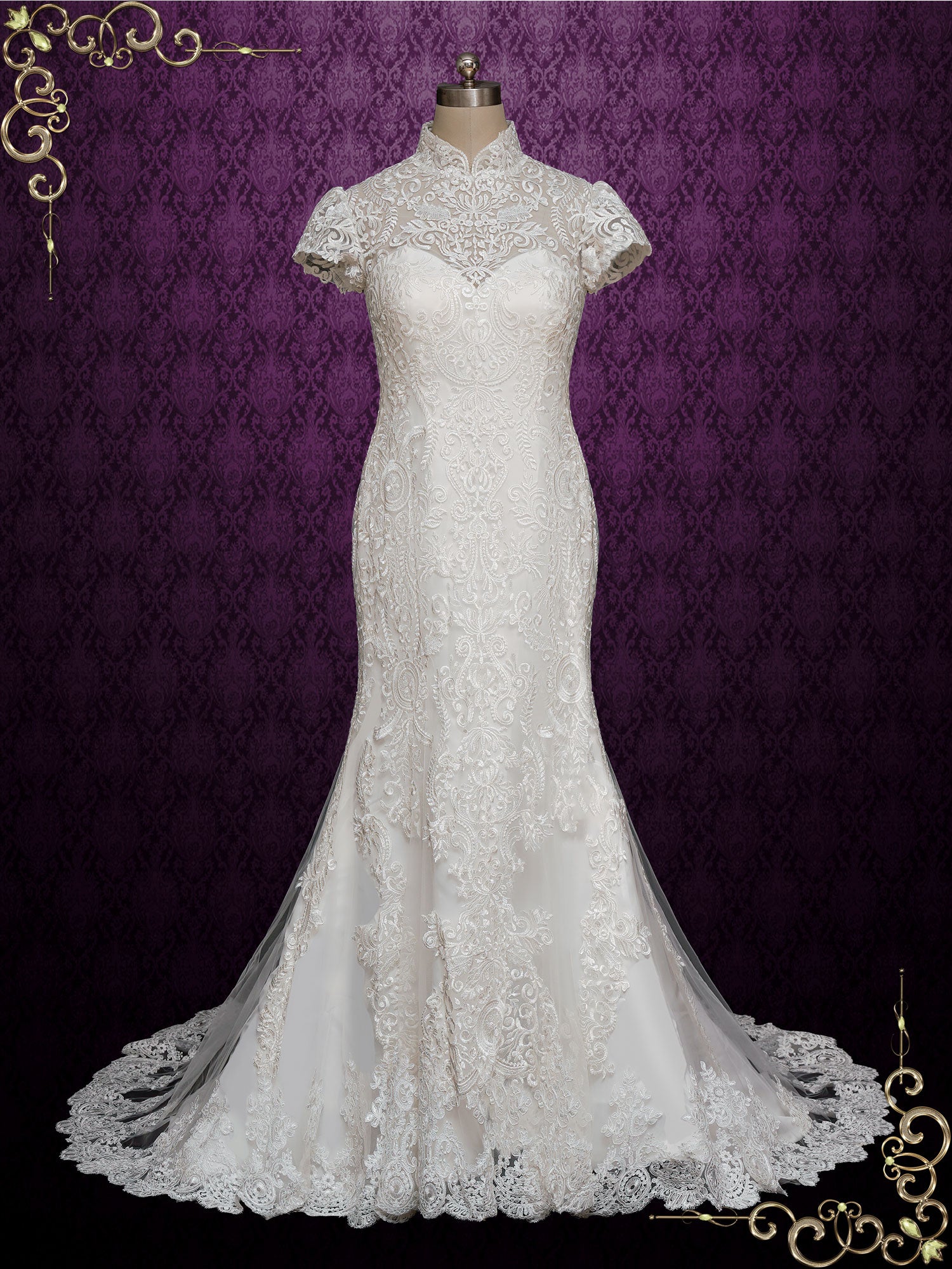 Lace Fit and Flare Wedding Dress with Mandarin Collar ANASTASIA Size 12 / Ivory Lace Fit and Flare Wedding Dress with Mandarin Collar ANASTASIA Size 12 / Ivory