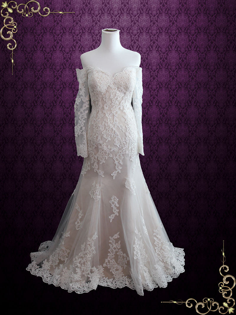 Champagne Vintage Style Lace Wedding Dress with Off Shoulder Long Slee ieie Champagne Vintage Style Lace Wedding Dress with Off Shoulder Long Slee ieie