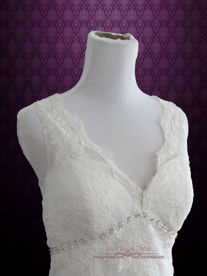 Vintage Style Lace Overlay V Neck Low Back Wedding Dress | Michelene