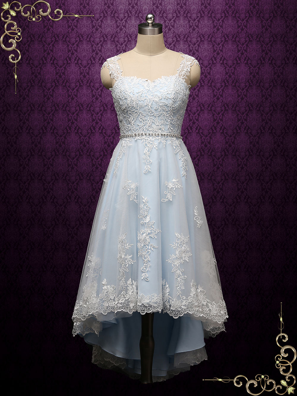 Blue Boho Destination Lace High Low Wedding Dress Nellie Size 16 / Blue / Jeweled Sash Blue Boho Destination Lace High Low Wedding Dress Nellie Size 16 / Blue / Jeweled Sash