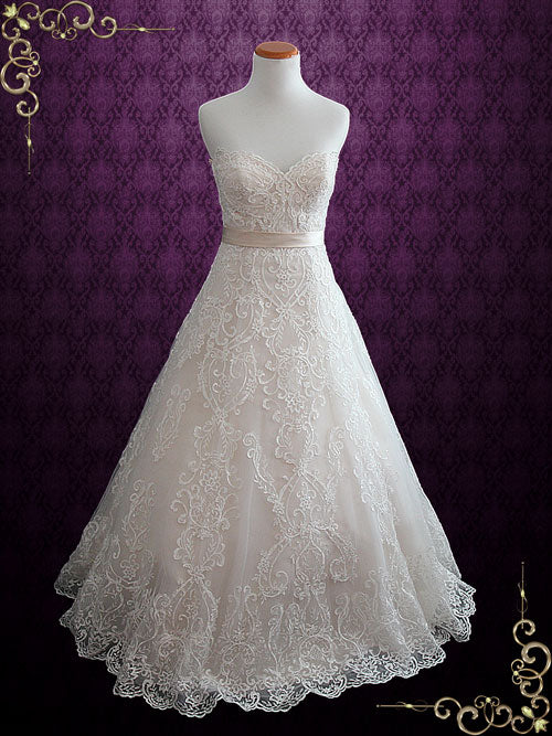 Elegant Lace Strapless A-line Wedding Dress with Sweetheart Neckline | Dahlia Elegant Lace Strapless A-line Wedding Dress with Sweetheart Neckline | Dahlia