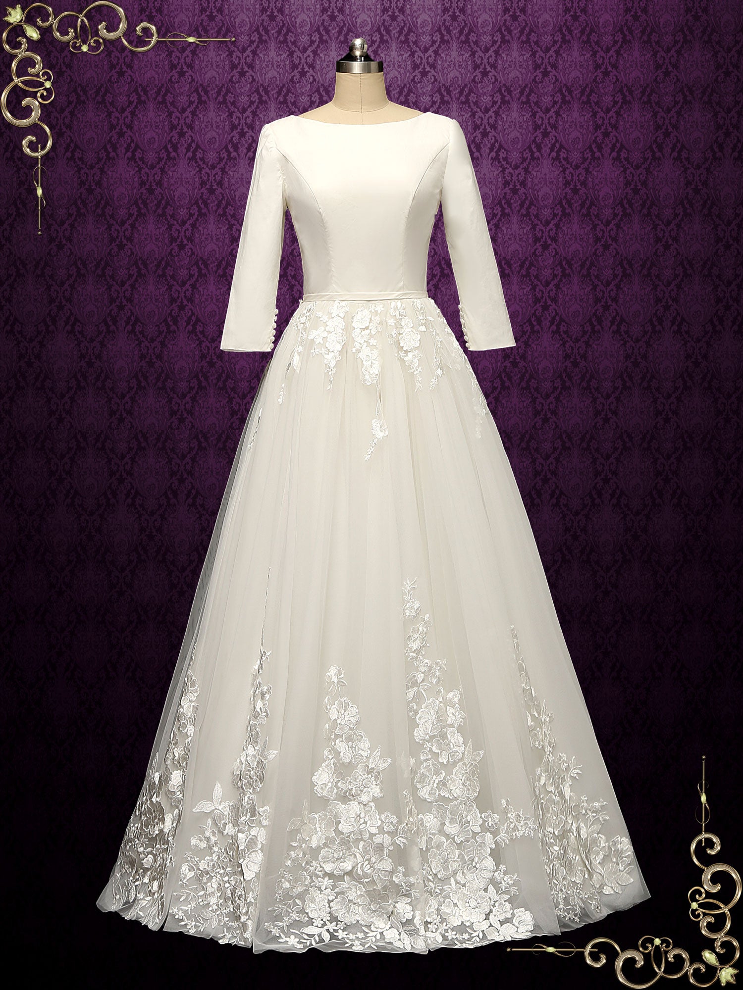Long Sleeves Wedding Dress with Lace Tulle Skirt SUMMER Size 10 / Ivory Long Sleeves Wedding Dress with Lace Tulle Skirt SUMMER Size 10 / Ivory