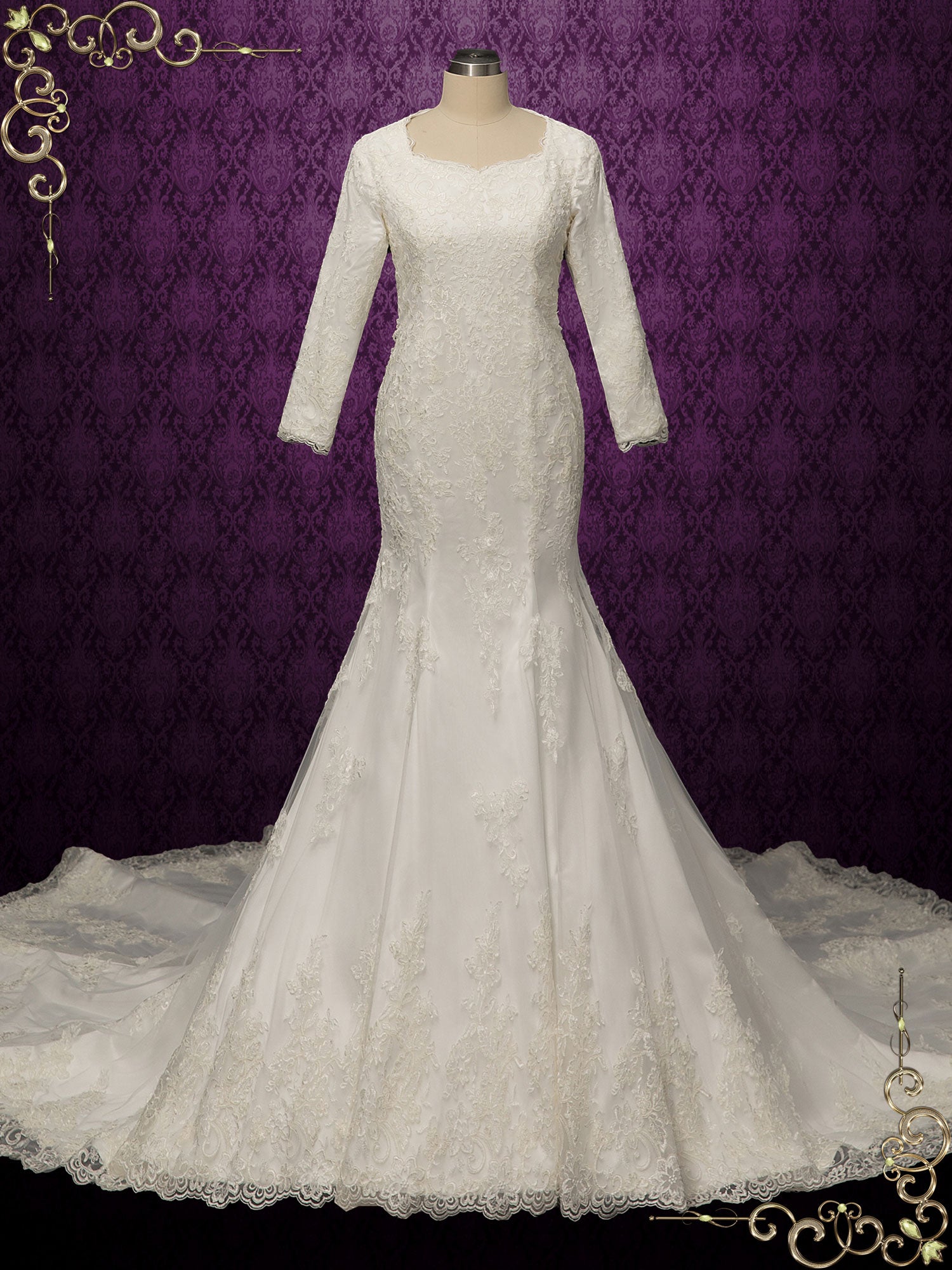Modest Lace Fit and Flare Wedding Dress KAITYLN Size 4 / White Modest Lace Fit and Flare Wedding Dress KAITYLN Size 4 / White