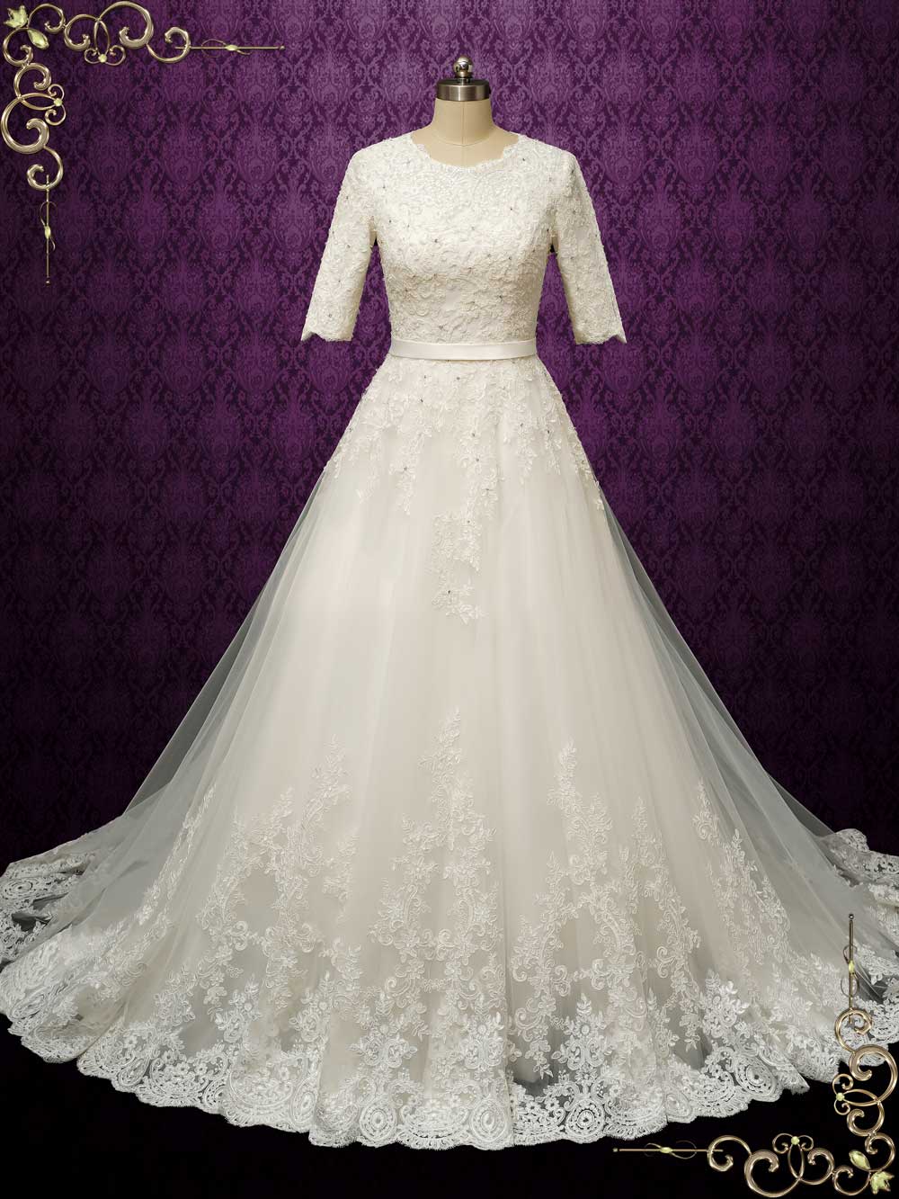 Modest Lace Wedding Dress with Half Sleeves LYA Size 20W / White Modest Lace Wedding Dress with Half Sleeves LYA Size 20W / White