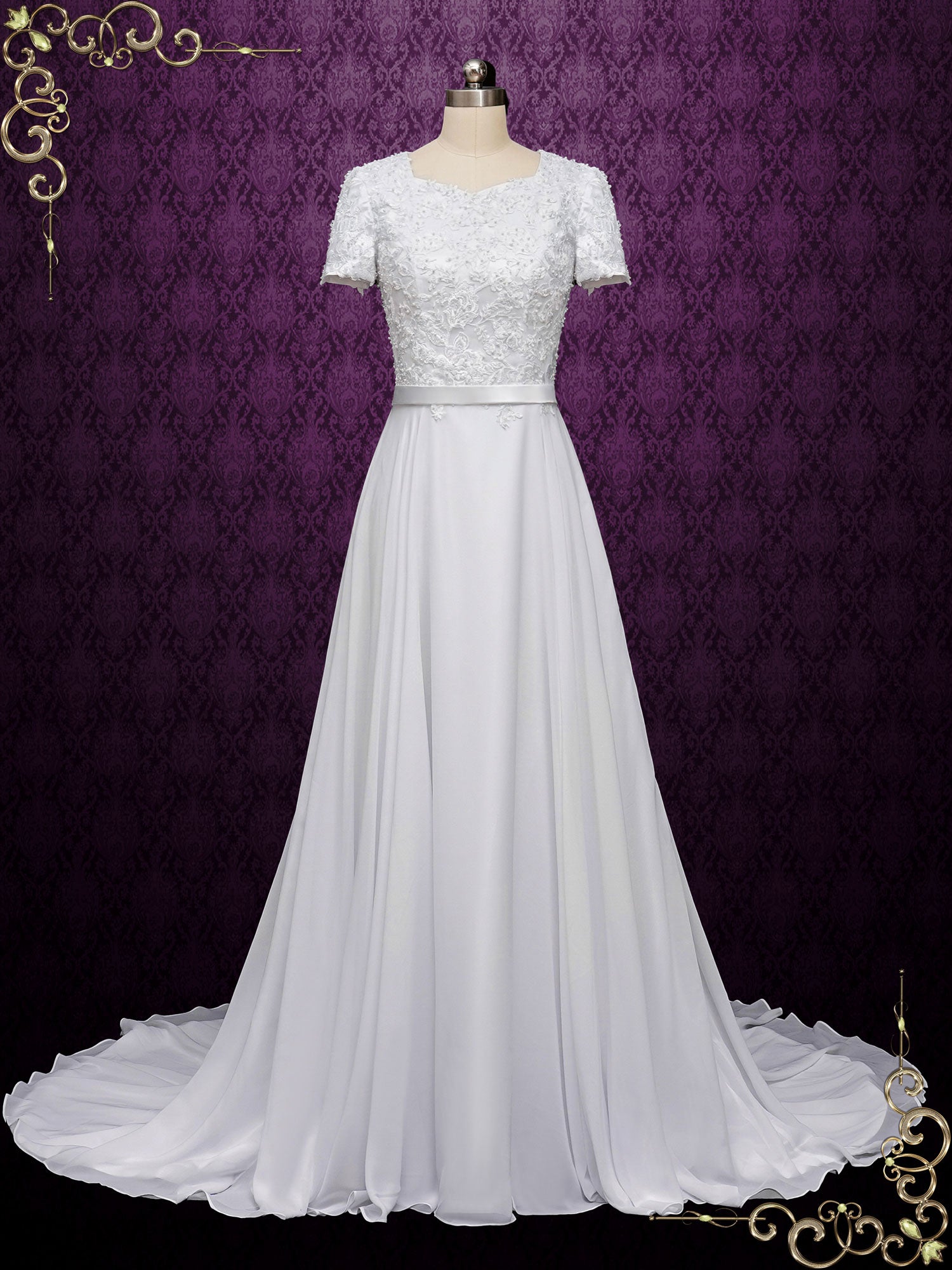 Modest Lace Wedding Dress with Short Sleeves ARYA Size 10 / Ivory Modest Lace Wedding Dress with Short Sleeves ARYA Size 10 / Ivory