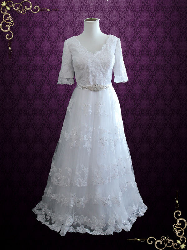 V Neck Lace A-line Wedding Dress with Half Sleeves | Alicia ieie V Neck Lace A-line Wedding Dress with Half Sleeves | Alicia ieie