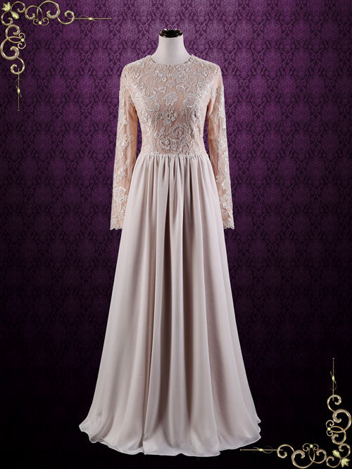 Modest Lace Long Sleeves Sheath Wedding Dress MEGAN Size 10 / Nude / No Train Modest Lace Long Sleeves Sheath Wedding Dress MEGAN Size 10 / Nude / No Train