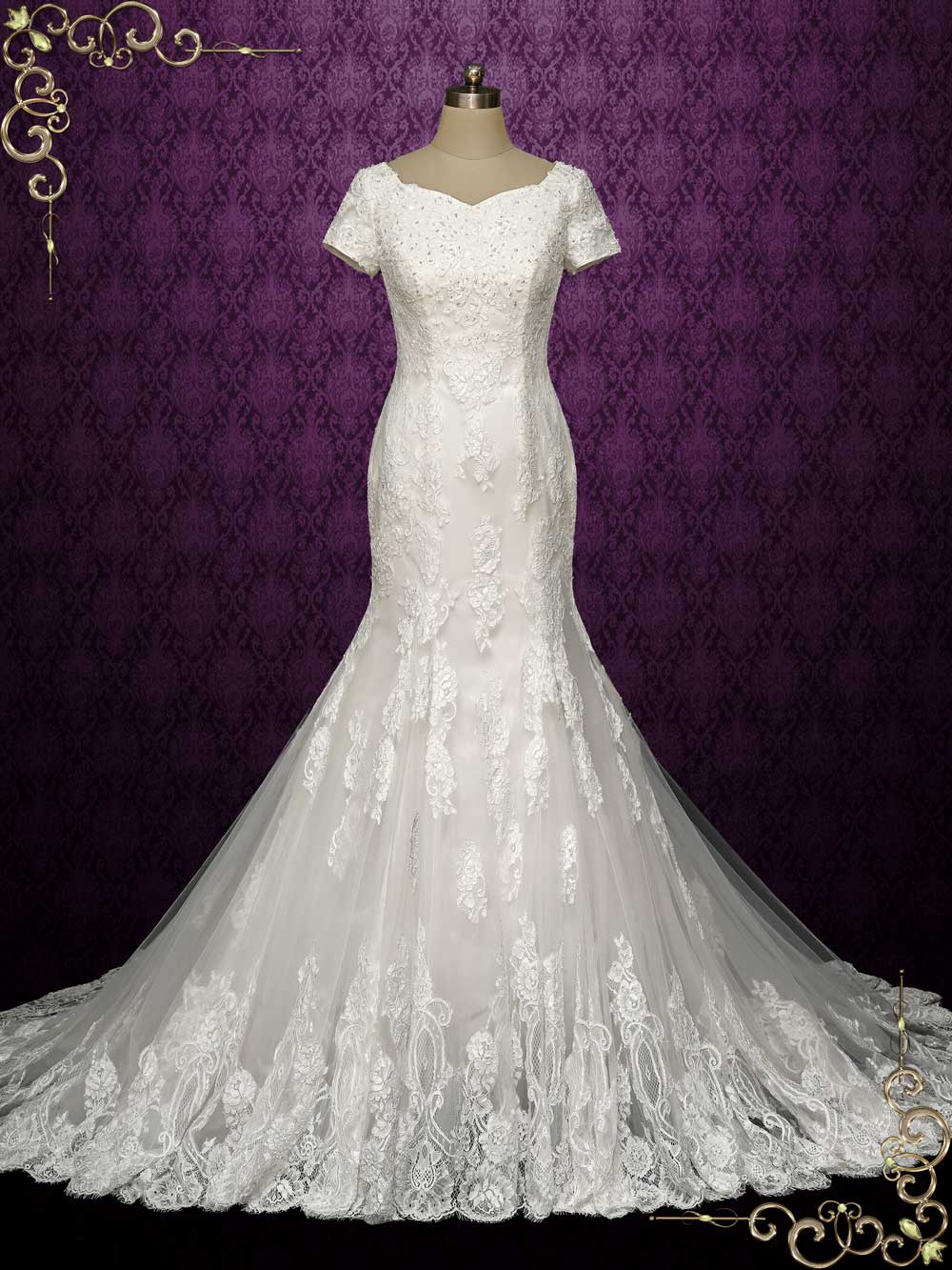 Modest Mermaid Lace Wedding Dress with Short Sleeves ELLIS Size 2 / Ivory Modest Mermaid Lace Wedding Dress with Short Sleeves ELLIS Size 2 / Ivory