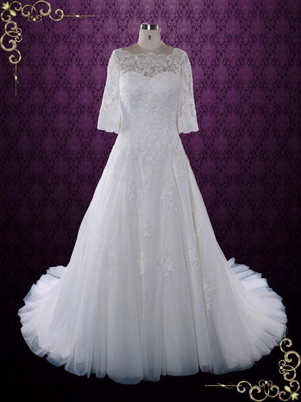 Modest Lace Wedding Dress with Half Sleeves and Illusion Neckline | Angel Size 8 / White Modest Lace Wedding Dress with Half Sleeves and Illusion Neckline | Angel Size 8 / White