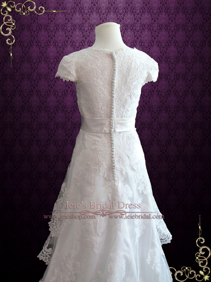 Vintage Style Modest Lace Wedding Dress with Short Sleeves ELINA
